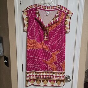 Diane Von Furstenberg / Pink Retro Spilt Neck 100% Silk Knit Shift Dress Size 12